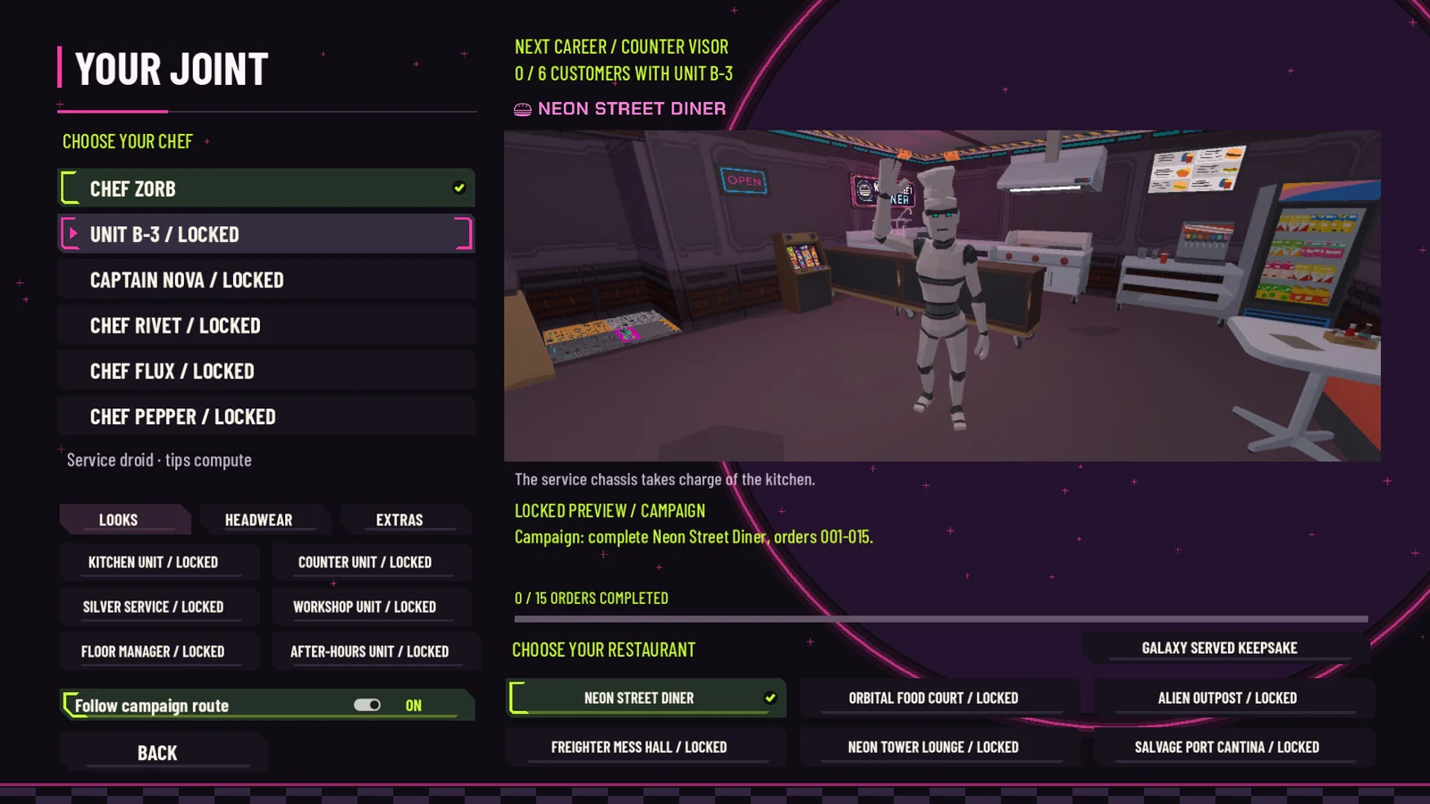 The robot chef Unit B-3 in the character selection screen