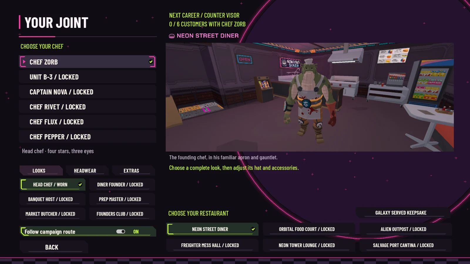 Chef Zorb in the character selection and outfit customization screen