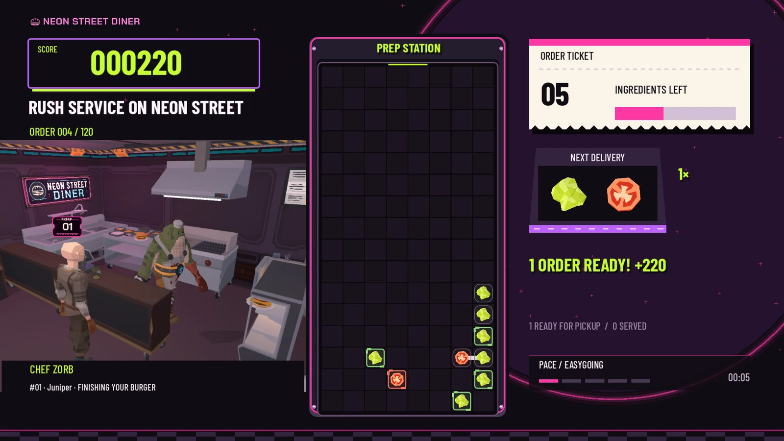 Campaign gameplay with an ingredient puzzle board, Chef Zorb serving a customer, and an order ticket
