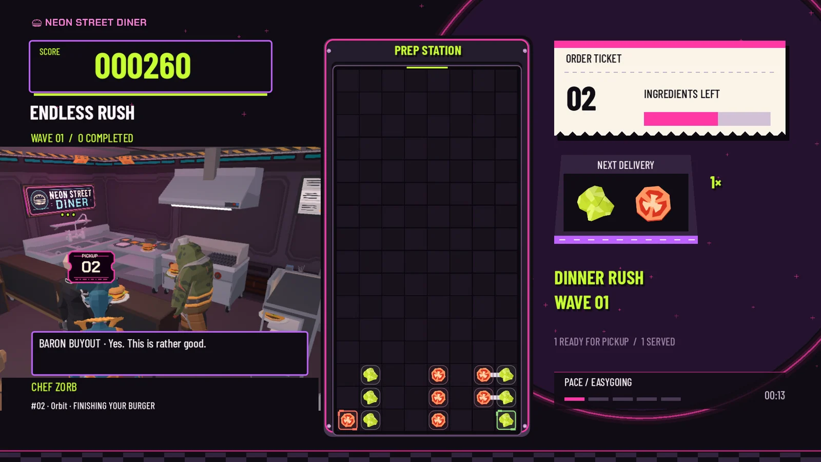 Endless Rush gameplay with falling ingredient pairs and customers collecting burgers